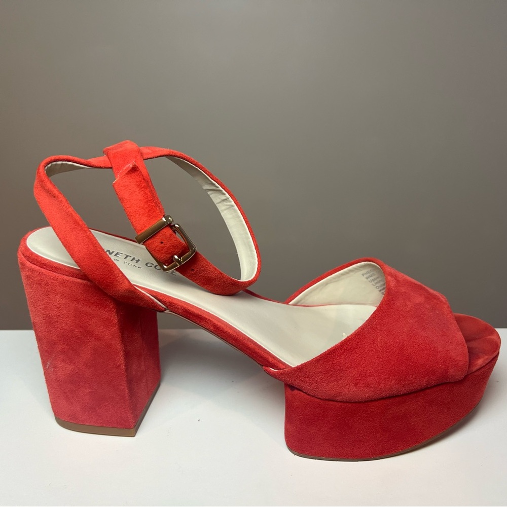 Kenneth Cole Phoenix Red Suede High Block Heel Platform Sandals, Size 9.5